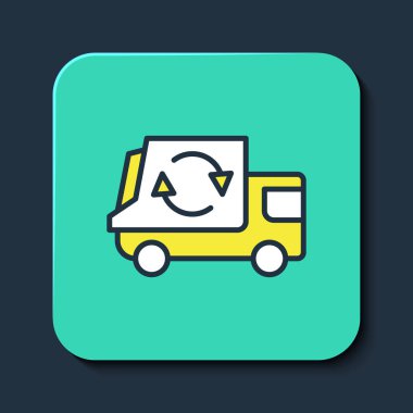 Doldurulmuş çöp kamyonu simgesi mavi arka planda izole edilmiş. Turkuaz kare düğme. Vektör