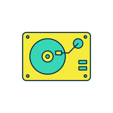 Beyaz arkaplanda izole edilmiş vinil disk simgesi ile ana hatlı vinil oynatıcı dolduruldu. Vektör