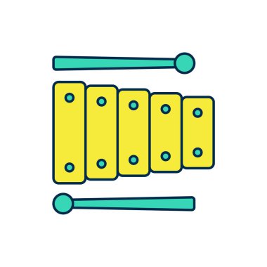 Xylophone ana hatlarıyla doldurulmuş - 13 tahta çubuklu müzik aleti ve beyaz arka planda izole edilmiş iki perküsyon tokmağı. Vektör