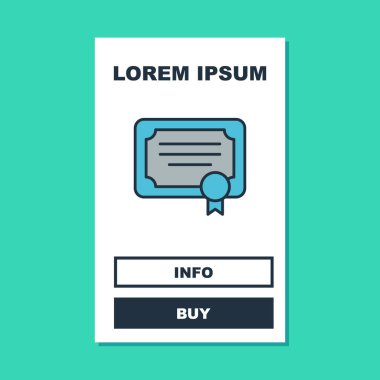 Doldurulmuş sertifika şablonu simgesi turkuaz arkaplanda izole edildi. Başarı, ödül, diploma, burs, diploma kavramları. Vektör