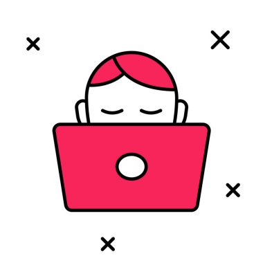 Dizüstü bilgisayar simgesinde çalışan özet doldurulmuş öğrenci beyaz arka planda izole edilmiş. İş yeri konsepti. Vektör