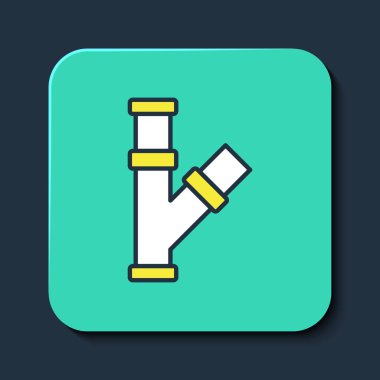 Doldurulmuş sanayi metalik boru ikonu mavi arka planda izole edilmiş. Tesisat boru hattının farklı şekillerde parçaları. Turkuaz kare düğme. Vektör