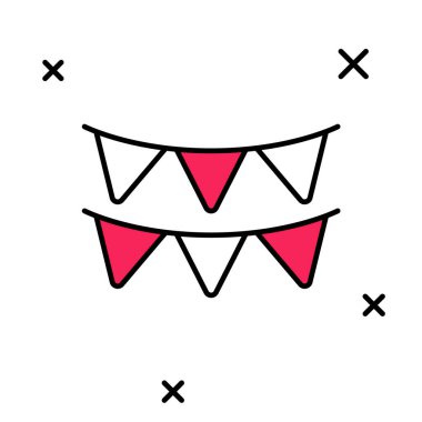 Karnaval çelengi beyaz arka planda izole edilmiş bayrak simgeleriyle dolu. Doğum günü kutlaması için parti flamaları, festival dekorasyonu. Vektör