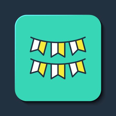 Mavi arka planda izole edilmiş bayrak simgesiyle ana hatlarıyla dolu Karnaval çelengi. Doğum günü kutlaması için parti flamaları, festival dekorasyonu. Turkuaz kare düğme. Vektör