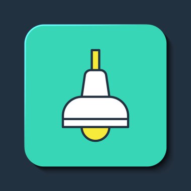 Doldurulmuş lamba asma simgesi mavi arkaplanda izole edilmiş. Tavan lambası ampulü. Turkuaz kare düğme. Vektör