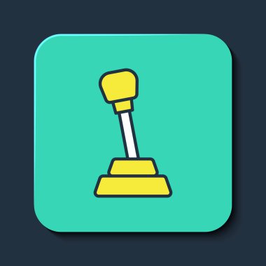 Doldurulmuş ana hatlı vites değiştirici simgesi mavi arkaplanda izole edildi. Elle iletim simgesi. Turkuaz kare düğme. Vektör