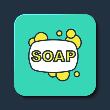 Mavi arkaplanda izole edilmiş ana hatlı sabun simgesi çubuğu. Köpüklü sabun çubuğu. Turkuaz kare düğme. Vektör