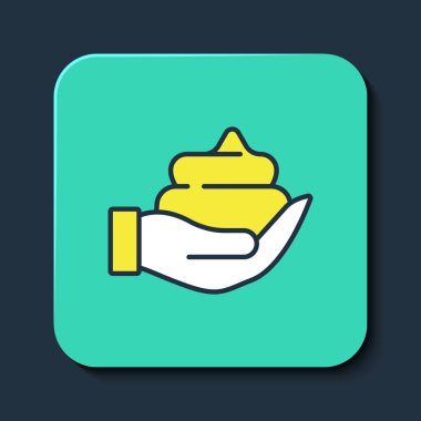 Mavi arka planda, el simgesine tıraş jeli köpüğü döşemek. Tıraş köpüğü. Turkuaz kare düğme. Vektör