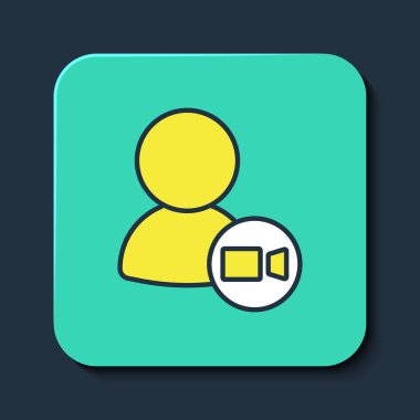 Mavi arkaplanda izole edilmiş ana hatlı görüntülü sohbet sohbet ikonu. Çevrimiçi iş görüşmesi formu. Uzak proje yönetimi. Turkuaz kare düğme. Vektör