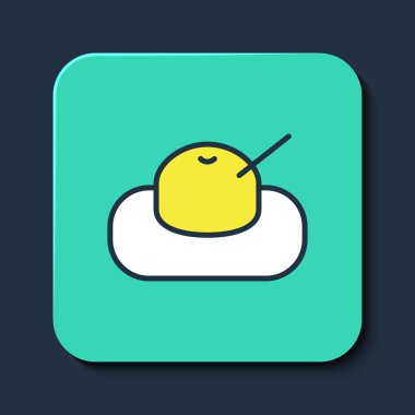 Mochi simgesi mavi arkaplanda izole edildi. Geleneksel Japon tatlıları. Fasulye ezmeli pirinç unu. Turkuaz kare düğme. Vektör