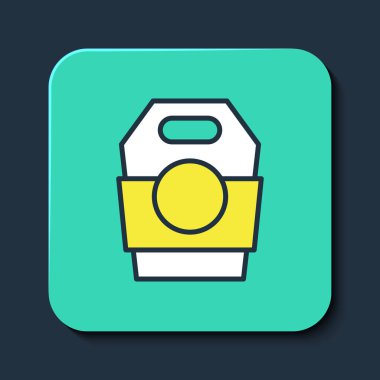 Mavi arka planda izole edilmiş karton kutuda Asya erişteleri var. Sokak yemeği. Kore, Japon, Çin yemekleri. Turkuaz kare düğme. Vektör