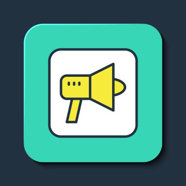 Mavi arkaplanda izole edilmiş ana hatlı Megafon simgesi. Sözcü işareti. Turkuaz kare düğme. Vektör