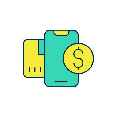 Beyaz arka planda izole edilmiş dolar sembollü akıllı telefon. İnternetten alışveriş konsepti. Finansal cep telefonu simgesi. Çevrimiçi ödeme. Vektör