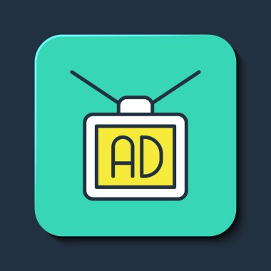 Doldurulmuş ana hat reklam simgesi mavi arkaplanda izole edildi. Pazarlama ve tanıtım süreci kavramı. İlgili reklamlar. Sosyal medya reklamcılığı. Turkuaz kare düğme. Vektör