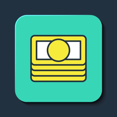 Doldurulmuş kağıt yığınları para para ikonu mavi arka planda izole. Para desteleri. Para birimi. Turkuaz kare düğme. Vektör