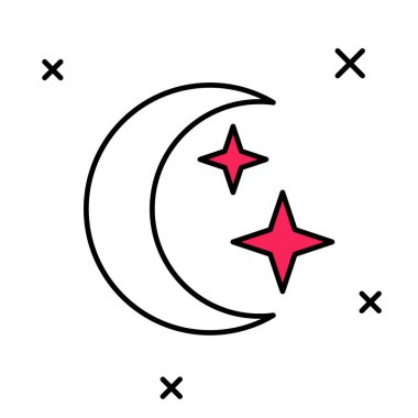 Doldurulmuş Ay ve yıldız simgesi beyaz arkaplanda izole edildi. Bulutlu gece işareti. Uyku rüyalarının sembolü. Dolunay. Gece ya da yatak zamanı tabelası. Vektör