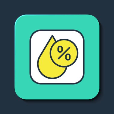 Doldurulmuş su damlası yüzdesi simgesi mavi arkaplanda izole edildi. Nem analizi. Turkuaz kare düğme. Vektör