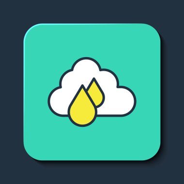 Mavi arka planda izole edilmiş yağmur ikonu ile ana hatları doldurulmuş. Yağmur damlaları ile yağmur bulutu yağışı. Turkuaz kare düğme. Vektör