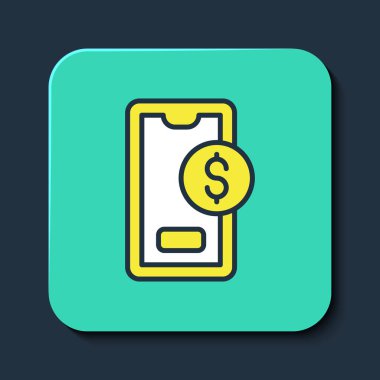 Mavi arka planda izole edilmiş dolar sembollü akıllı telefon. İnternetten alışveriş konsepti. Finansal cep telefonu simgesi. Çevrimiçi ödeme. Turkuaz kare düğme. Vektör