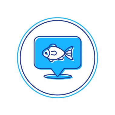 Beyaz arka planda izole edilmiş ana hatlı konum balıkçılık ikonu. Balıkçılık yeri. Vektör