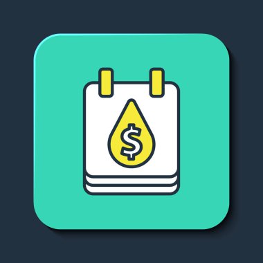 Mavi arka planda izole edilmiş dolar sembolü simgesiyle kaplanmış yağ damlası. Petrol fiyatı. Petrol ve petrol endüstrisi. Turkuaz kare düğme. Vektör