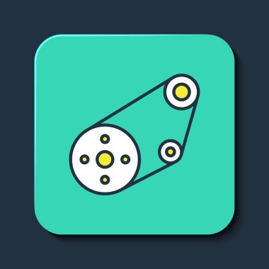 Doldurulmuş ana hatlı zamanlama kemer kiti simgesi mavi arkaplanda izole edildi. Turkuaz kare düğme. Vektör