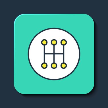 Doldurulmuş ana hatlı vites değiştirici simgesi mavi arkaplanda izole edildi. Elle iletim simgesi. Turkuaz kare düğme. Vektör