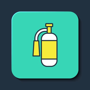 Mavi arka planda izole edilmiş ana hatlı yangın söndürme ikonu. Turkuaz kare düğme. Vektör