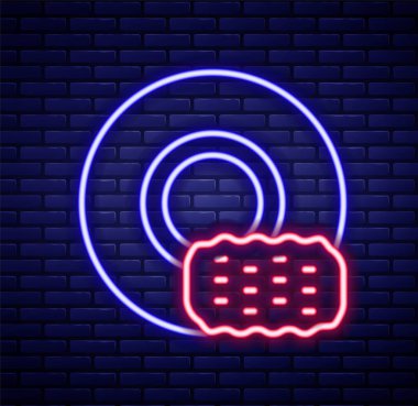 Parlayan neon hattı bulaşık ikonu tuğla duvar arkasında izole edilmiş. Bulaşık yıkama ikonu. Bulaşık makinesi tabelası. Masa takımı tabelası temiz. Renkli taslak konsepti. Vektör
