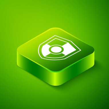 Isometric Shield simgesi yeşil arkaplanda izole edildi. Gardiyan. Güvenlik, güvenlik, koruma, gizlilik kavramı. Yeşil kare düğmesi. Vektör