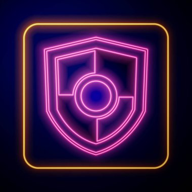 Parlayan neon kalkanı simgesi siyah arkaplanda izole edildi. Gardiyan. Güvenlik, güvenlik, koruma, gizlilik kavramı. Vektör