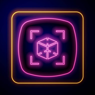 Siyah arkaplanda parlayan neon 3D modelleme simgesi izole edildi. Artırılmış gerçeklik mi yoksa sanal gerçeklik mi? Vektör