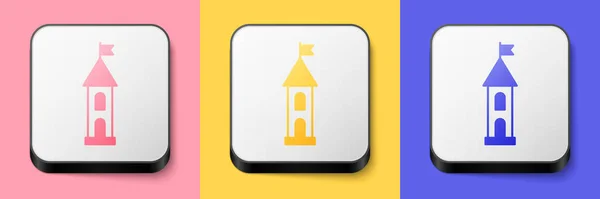 Icono Torre Del Castillo Isométrico Aislado Sobre Fondo Rosa Amarillo — Vector de stock