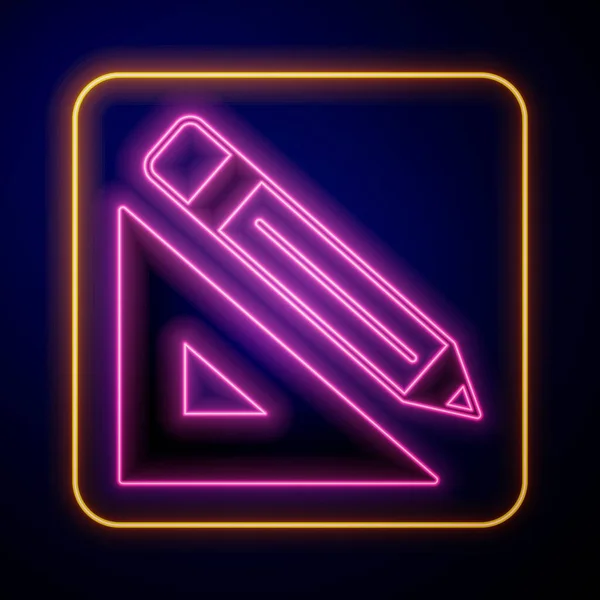 Leuchtendes Neon Dreieckslineal Und Bleistift Symbol Isoliert Auf Schwarzem Hintergrund — Stockvektor