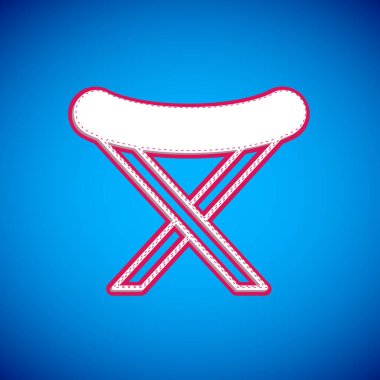 Beyaz Kamp portatif sandalye simgesi mavi arkaplanda izole edildi. Dinlen ve rahatla. Balık koltuğu. Vektör