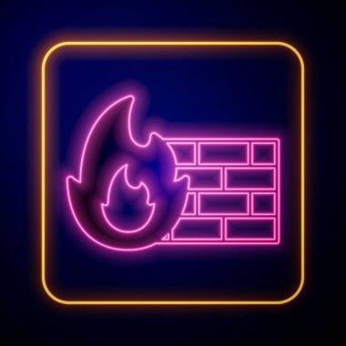 Parlayan neon güvenlik duvarı, güvenlik duvarı simgesi siyah arkaplanda izole edilmiş. Vektör