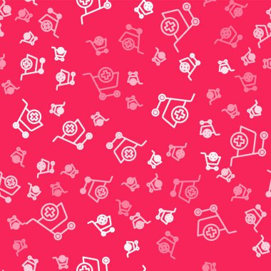 Beyaz çizgi Alışveriş Arabası simgesine ekle Kırmızı arka planda izole edilmiş kusursuz desen. İnternetten satın alma konsepti. Servis tabelası. Süpermarket sepeti sembolü. Vektör