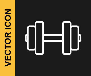 Beyaz çizgi Dumbbell simgesi siyah arkaplanda izole edildi. Kas kaldırma, fitness halteri, spor malzemeleri. Vektör