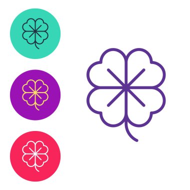 Dördüncü çizgi yonca simgesini beyaz arkaplanda izole et. Mutlu Aziz Patrick günleri. Simgeleri renklendirin. Vektör