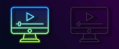 Parlayan neon hattı çevrimiçi video simgesi siyah arkaplanda izole edildi. Oyun işaretli film şeridi. Vektör