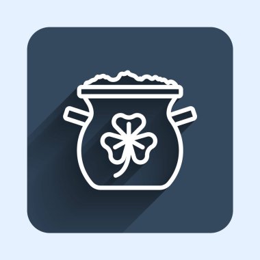 Beyaz çizgi altın sikke ikonu uzun gölge arkaplan izole. Aziz Patrick gününüz kutlu olsun. Ulusal İrlanda bayramı. Mavi kare düğme. Vektör