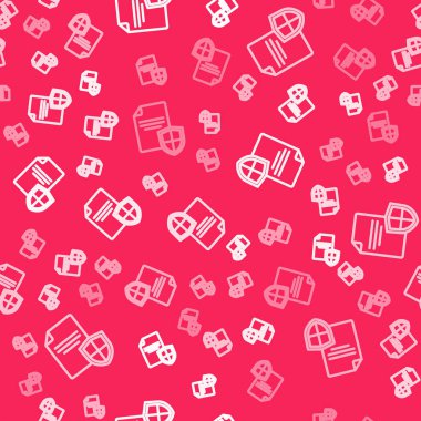 Beyaz çizgi sözleşmesi, kalkan simgesiyle izole edilmiş, kırmızı arka planda pürüzsüz desen. Sigorta konsepti. Güvenlik, güvenlik, koruma, konsept koruma. Vektör