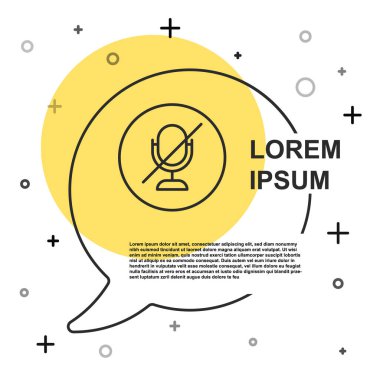 Siyah çizgi dilsiz mikrofon simgesi beyaz arkaplanda izole edildi. Mikrofon sesi kapatıldı. Rastgele dinamik şekiller. Vektör