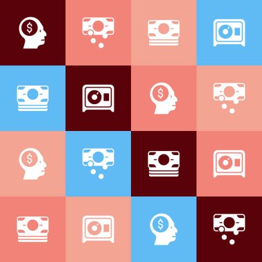 Pop Art Business elemanının aklını çelmek, kağıt para biriktirmek ve kasa simgesi yapmak. Vektör