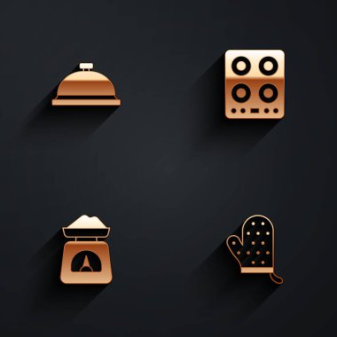 Tepsi dolusu yiyecek, gaz sobası, pullar ve uzun gölgeli fırın eldiveni ile kaplanmış. Vektör