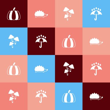 Pop Art Pumpkin, Hedgehog, Mantar, Şemsiye ve yağmur damlaları ikonunu ayarlayın. Vektör