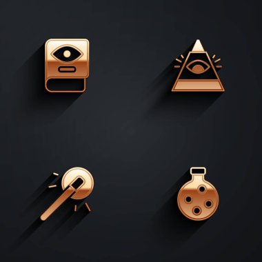 Eskiler 'in sihirli kitabı, Tanrı' nın her şeyi gören gözü, sihirli değnek ve uzun gölgeli ikon ikonu. Vektör