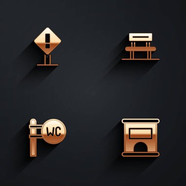 Bilet ikonu almak için meydan, bekleme salonu, tuvalet ve bilet bürosuna ünlem işareti koyun. Vektör