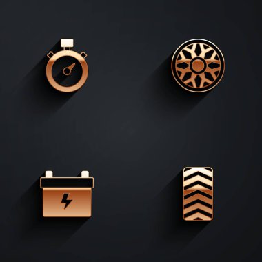 Kronometreyi, araba için tekerleği, araba aküsünü ve uzun gölgeli lastik ikonunu ayarlayın. Vektör