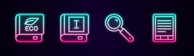 Ekoloji, büyüteç ve e-kitap okuyucu hakkında bir satır oluştur. Parlayan neon ikonu. Vektör